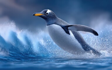 Fototapeta premium Penguin Surfing Wave in Ocean