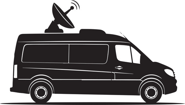 Black van with satellite dish, vehicle silhouette, satellite vehicle, communication van