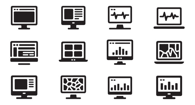Monitor display interface symbols with data visualization analytics and cracked glass icon.