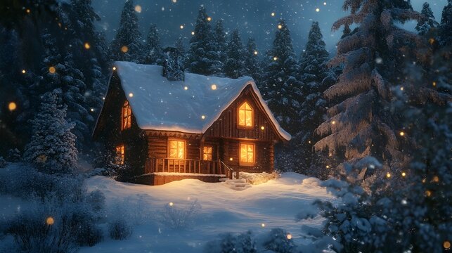 A cozy cabin glows warmly in a snowy forest at night