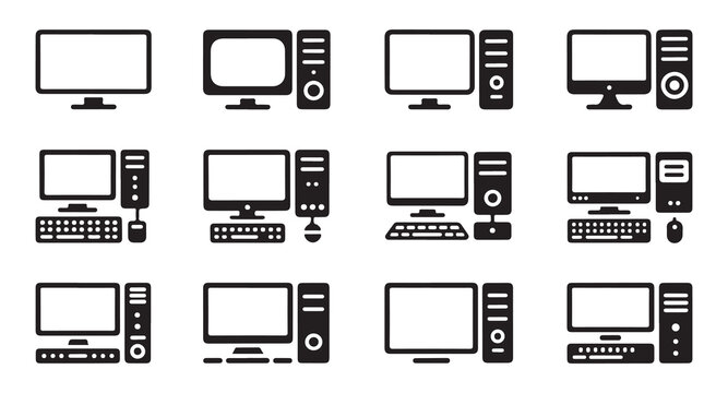 Personal computer hardware symbols showing various monitor designs and server tower units.