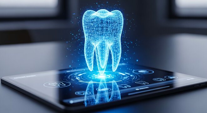 A glowing holographic 3D render of a tooth projecting from a modern digital tablet, surrounded by futuristic dental interface elements.