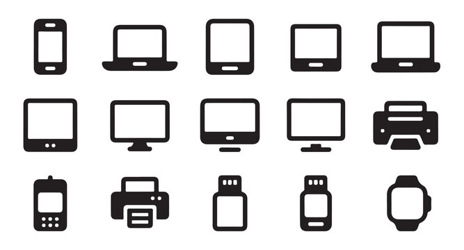 Technology icons for digital devices and communication vector graphics.