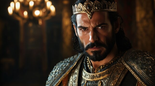 Majestic king saul reigns ancient israel portrait biblical era dramatic lighting tall and imposing figure