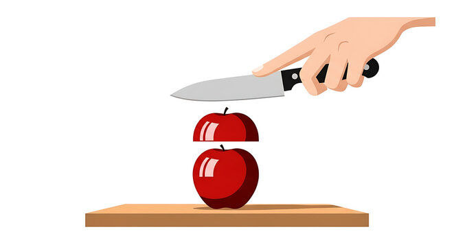 Hand slicing a red apple in half on a wooden cutting board, simple flat illustration