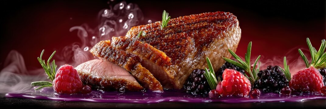 Gourmet Dish with Raspberries and Herbs on a Plate