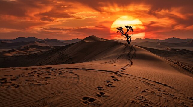 Cinematic desert sunset with sand dunes and lone tree, golden hour wilderness landscape, footprints leading toward horizon under dramatic orange sky
