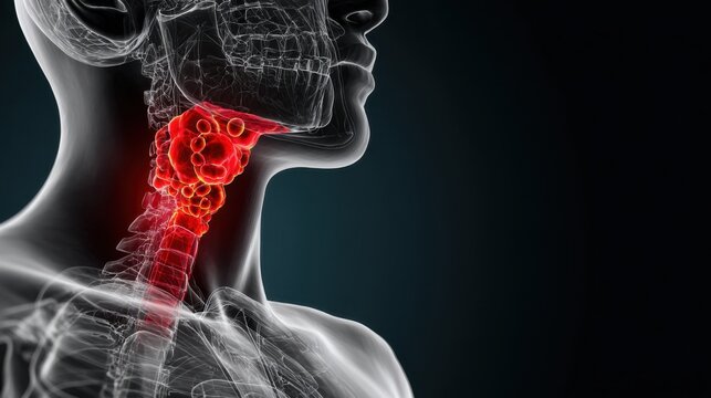 Medical illustration shows human neck anatomy with focus on throat and larynx in detailed view for educational purposes