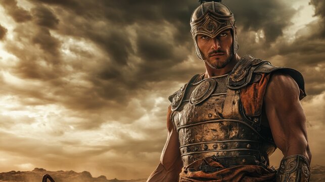 Battle ready portrait of king david ancient israel sculpture historical setting heroic perspective bronze armor