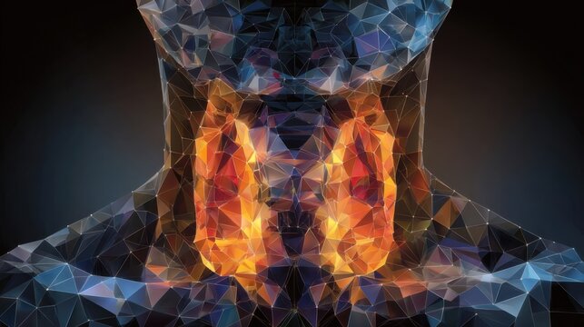 Exploration of the human neck area with geometric patterns and glowing elements in dark setting