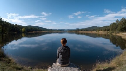 Fototapeta premium A solitary figure sits on a rock overlooking a serene lake and distant wooded mountains under a peaceful blue sky