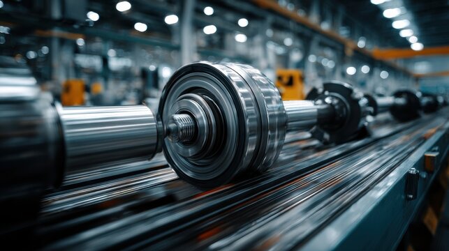 A conveyor belt moves metal parts in a busy factory during daytime with workers present in the background