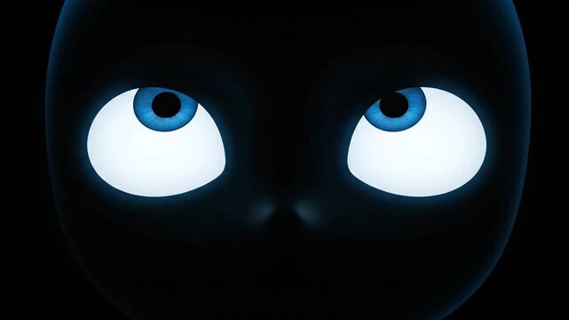 Cartoon Glowing Blue Eyes Moving in Black Darkness. 4K Video