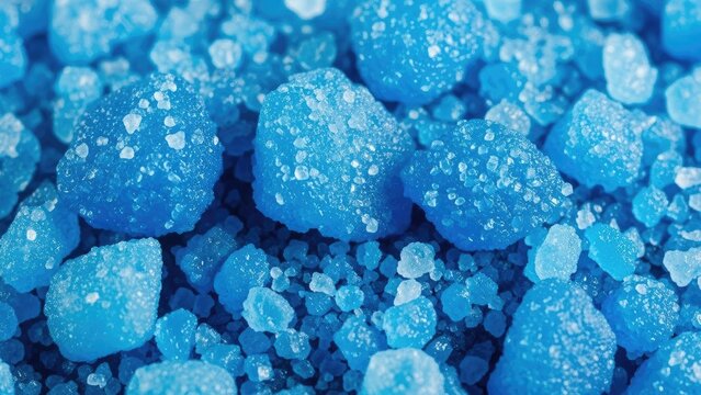 A close-up view of blue crystalline substances with sparkling texture