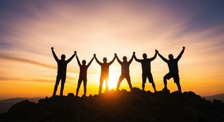 Fototapeta premium Silhouetted group celebrating success on a mountain peak at sunset