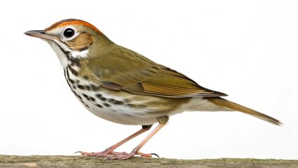 Fototapeta premium Full body studio portrait of an adult Ovenbird (Seiurus aurocapilla) standing isolated on a pure white background.