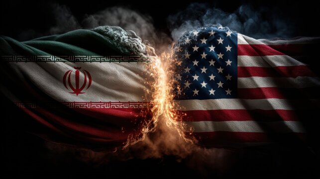 Flags of Iran and the United States clash in a symbolic representation of conflict and tension