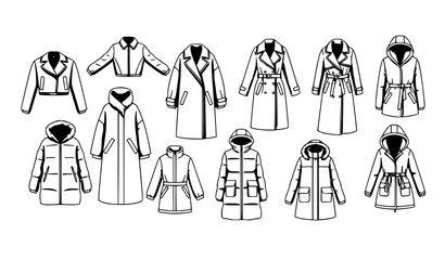 Winter coat and jacket icon set in horizontal layout with modern fashion outerwear line illustrations © Chiron