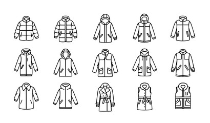 Minimal winter jacket and coat line icon set with puffer parka hooded outerwear for modern UI design © Chiron
