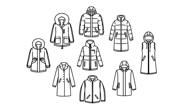 Modern winter outerwear icon collection in circular layout with jackets coats and hooded apparel line style