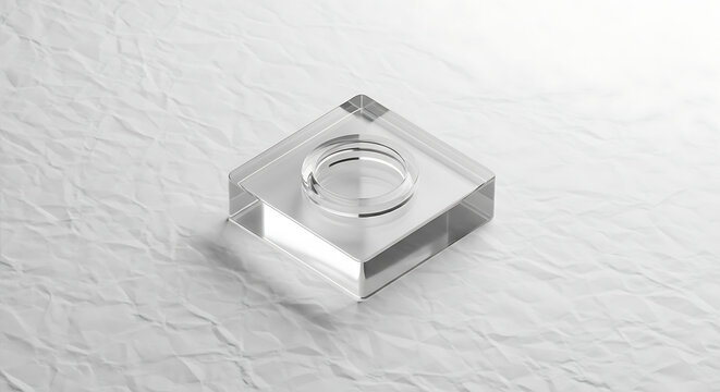 Isolated clear glass cube with circular indentation on textured light grey paper background, minimalist design element