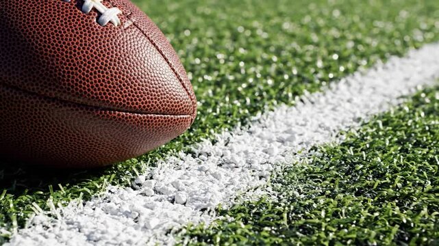 A brown leather american football ball rests on the green grass turf of a college sports field during a competitive game of pigskin