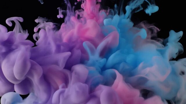 Dynamic swirl of purple, pink, and blue ink diffusing in water against black background, soft cloud-like formations.