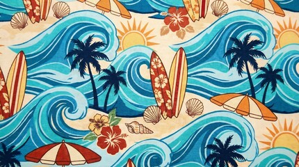 Obraz premium Vintage tropical beach pattern, retro surf aesthetic with ocean waves and palm trees, summer vacation background with surfboards and hibiscus flowers