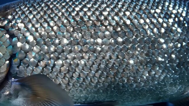Highly Detailed Texture of Reflective Atlantic Salmon Scales Underwater Background