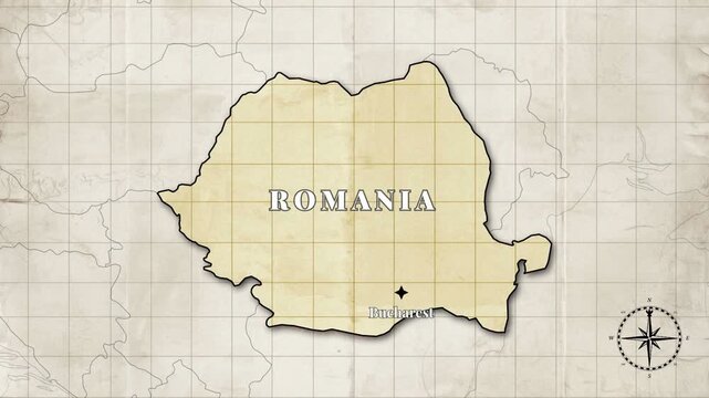 Romania country map animation &ndash; vintage style loopable video with country borders and capital Bucharest on blank old paper background.

