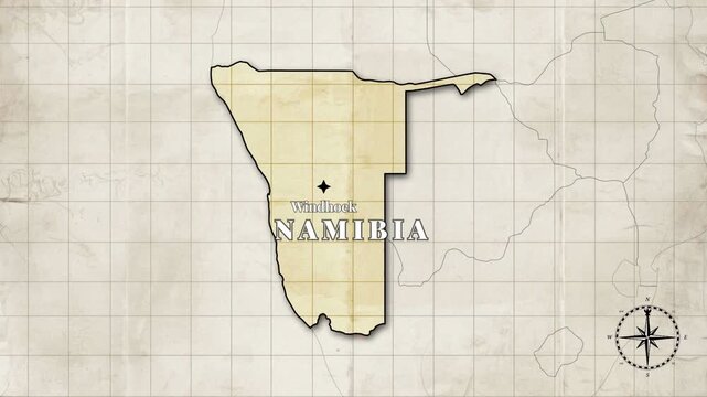 Namibia country map animation &ndash; vintage style loopable video with country borders and capital Windhoek on blank old paper background.


