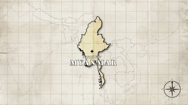 Animated Myanmar Map with Borders and Capital on Old Paper Background &ndash; Vintage Geography Style