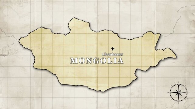 Vintage Style Animated Mongolia Map with Country Borders and Capital Ulaanbaatar on Old Paper Background

