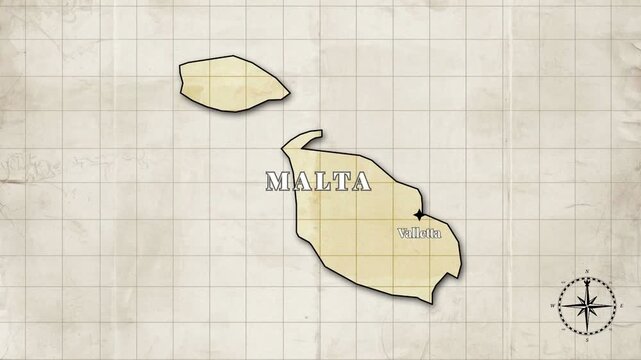 Malta country map animation &ndash; vintage style loopable video with country borders and capital Valletta on blank old paper background.

