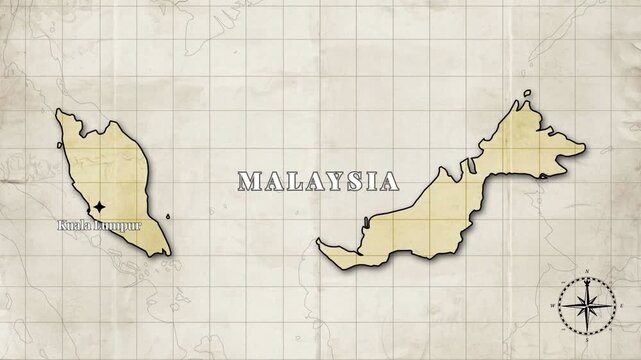 Vintage Style Animated Malaysia Map with Country Borders and Capital Kuala Lumpur on Old Paper Background

