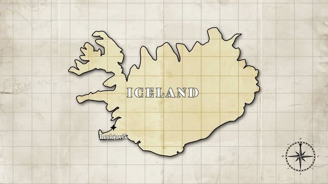 Vintage Style Animated Iceland Map with Country Borders and Capital Reykjavik on Old Paper Background

