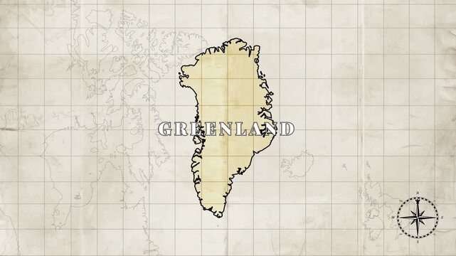 Greenland territory map animation &ndash; vintage style loopable video with territory borders and capital Nuuk on blank old paper background.


