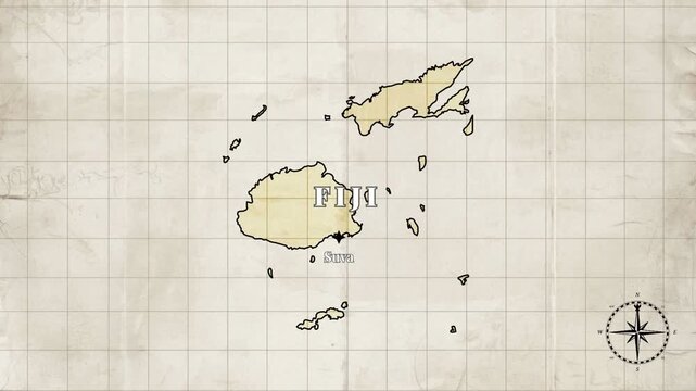 Vintage Style Animated Fiji Map with Country Borders and Capital Suva on Old Paper Background

