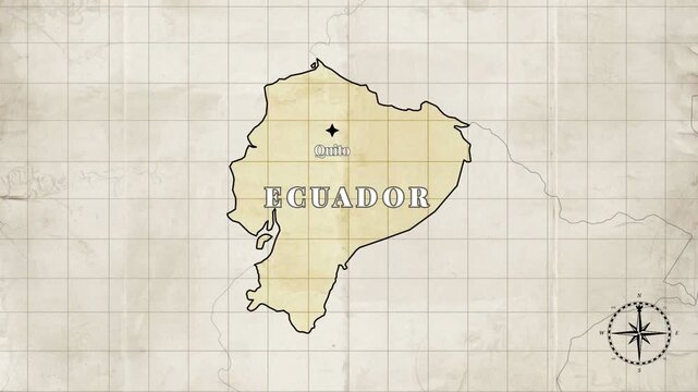 Vintage Style Animated Ecuador Map with Country Borders and Capital Quito on Old Paper Background

