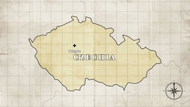 Vintage Style Animated Czechia Map with Country Borders and Capital Prague on Old Paper Background

