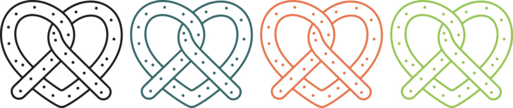 Colorful handmade pretzel icon set with heart-shaped design and salt detail, decorative vector illustration on transparent background