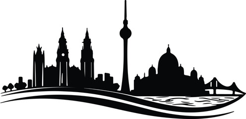 Elegant handmade vector silhouette of city skyline with towers, domes, and bridge over river, transparent background icon for urban design use © Parves