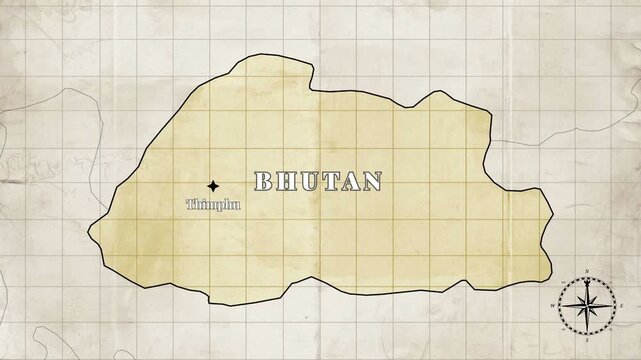 Bhutan country map animation &ndash; vintage style loopable video with country borders and capital Thimphu on blank old paper background.


