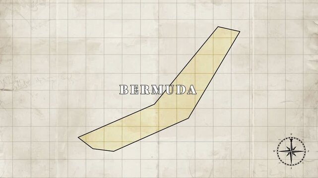 Bermuda island map animation &ndash; vintage style loopable video with territory borders and capital Hamilton on blank old paper background.
