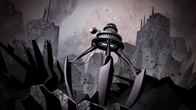 vintage alien tripod invader destroying ruined city