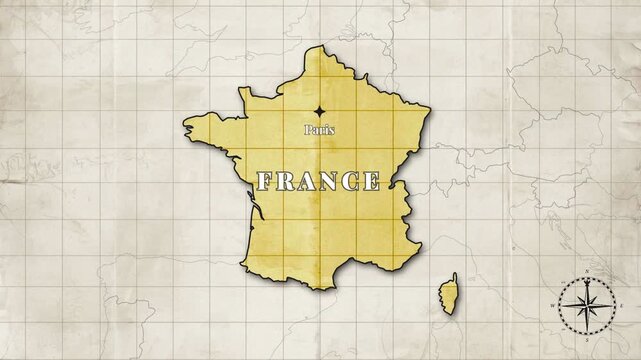 Vintage Style Animated France Map with Country Borders and Capital Paris on Old Paper Background


