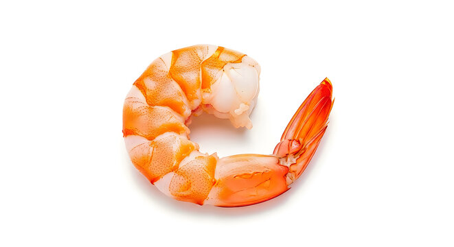 A single cooked shrimp with a curled tail on a white background