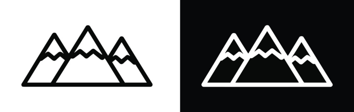 Stylized mountain range icons in black outline and inverted white design, triangular peaks with snowcap ridge details artwork