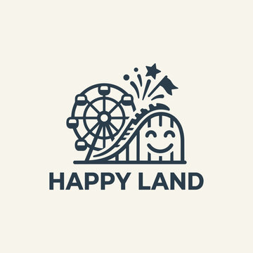 Minimalist amusement park logo featuring a Ferris wheel and a smiling roller coaster, vector icon representing entertainment and fun.
