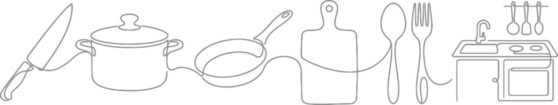 A minimalist line drawing of kitchen utensils and appliances on a white background AI, eps, png, jpg. transparent background.